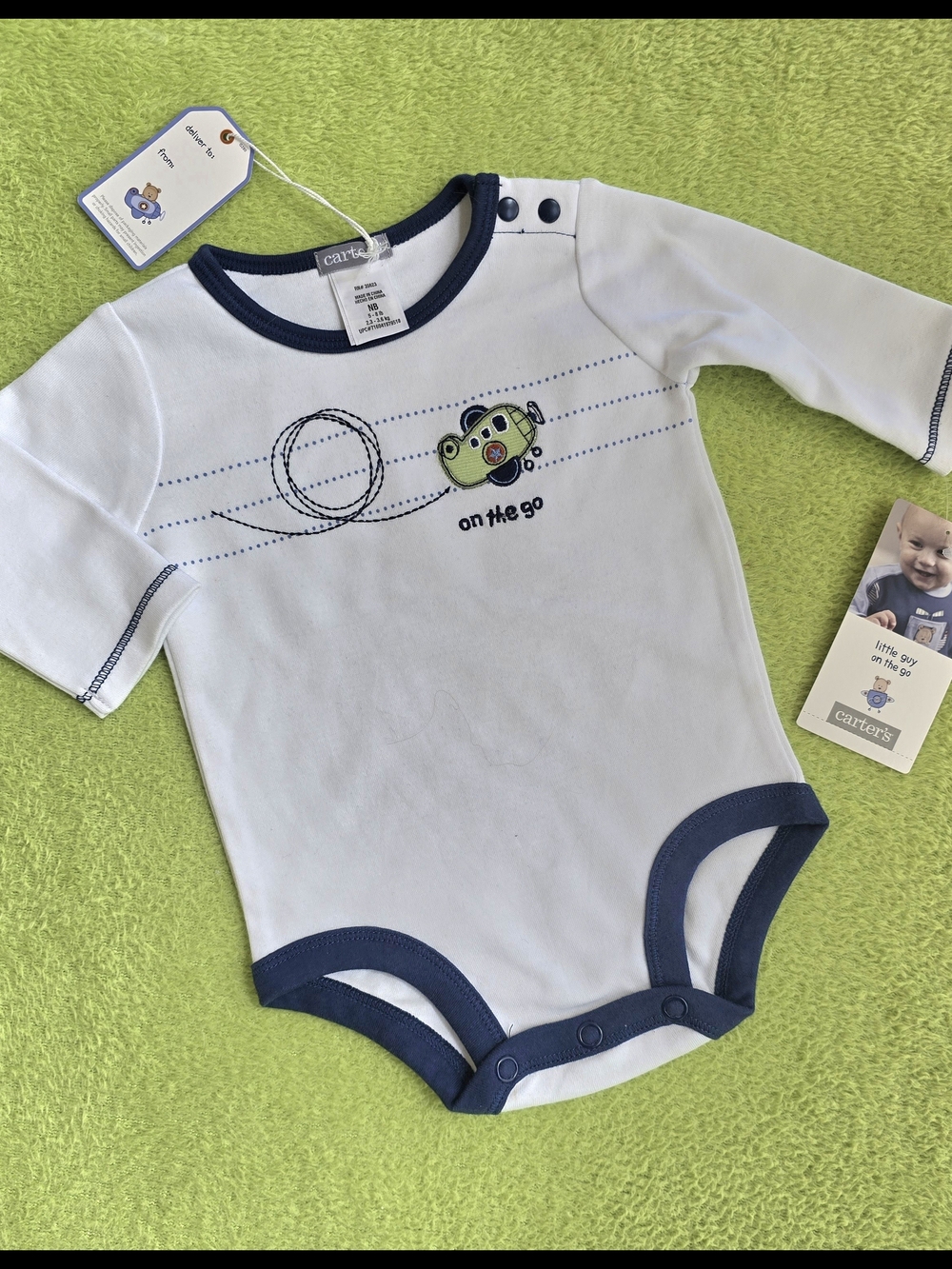 NWT VHTF VINTAGE Baby BOYS Bodysuit WHITE + Navy PLANE LITTLE GUY ON THE GO (Q2)